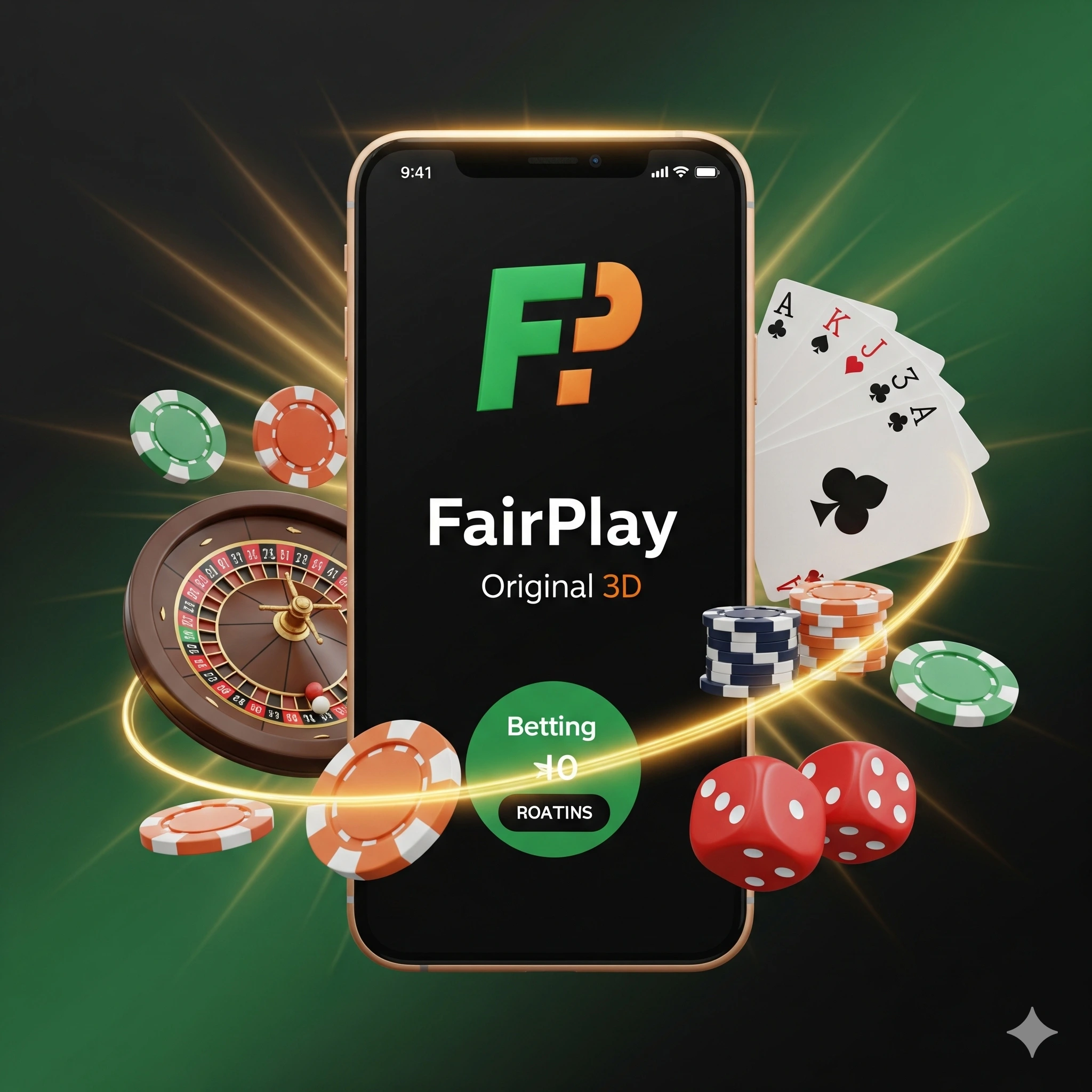 FairPlay betting app mockup with roulette wheel and poker chips