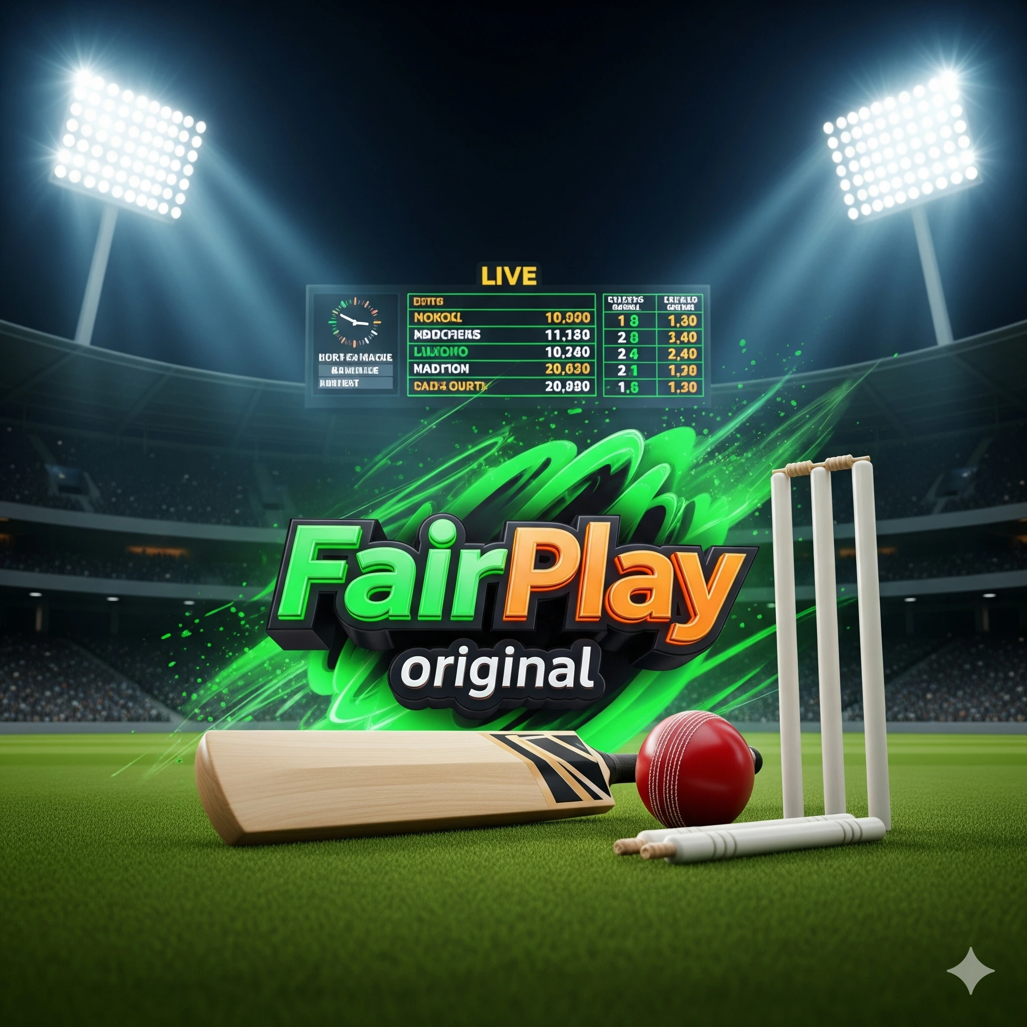 Cricket stadium with FairPlay 3D logo and live betting odds