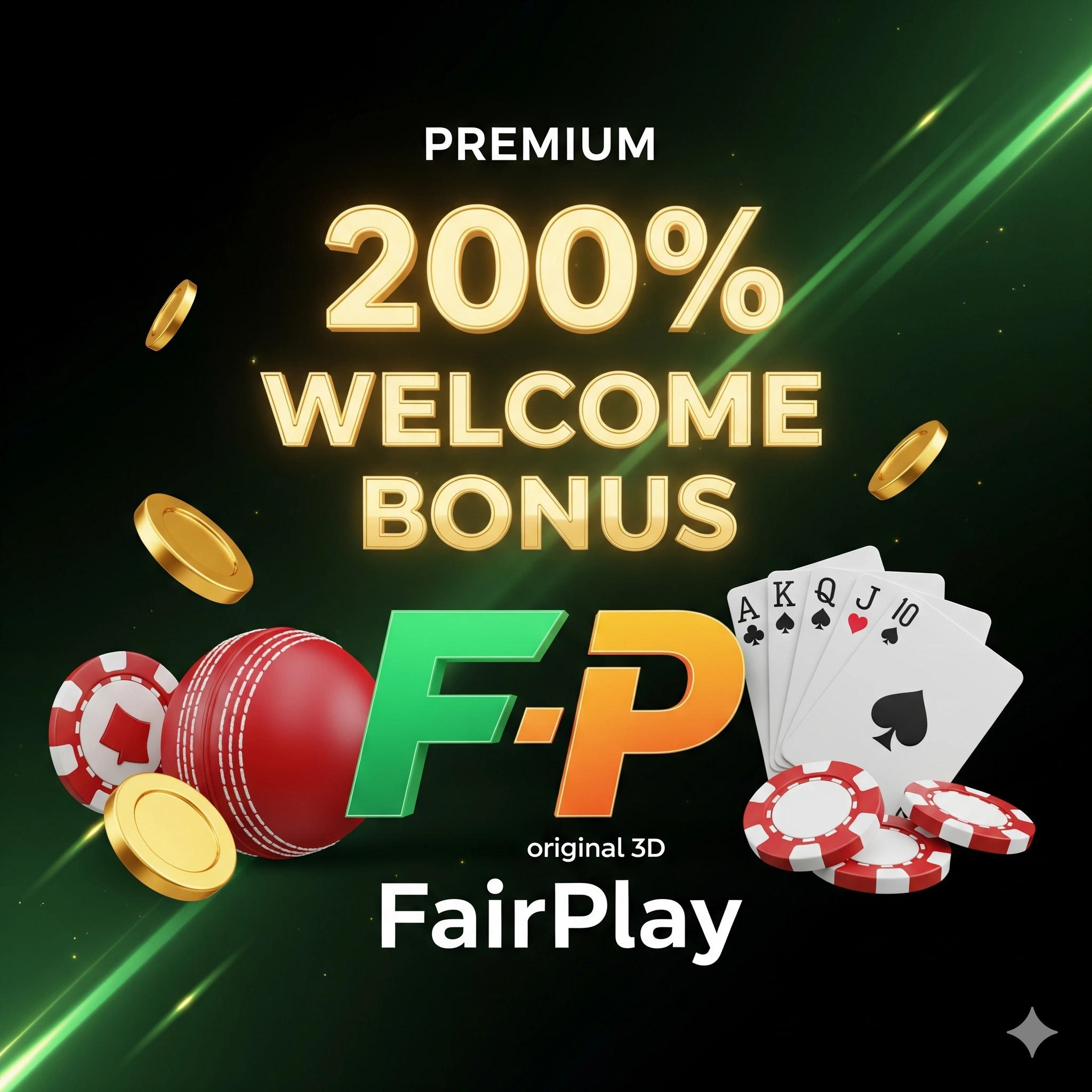 FairPlay 200% welcome bonus banner with cricket ball and casino chips