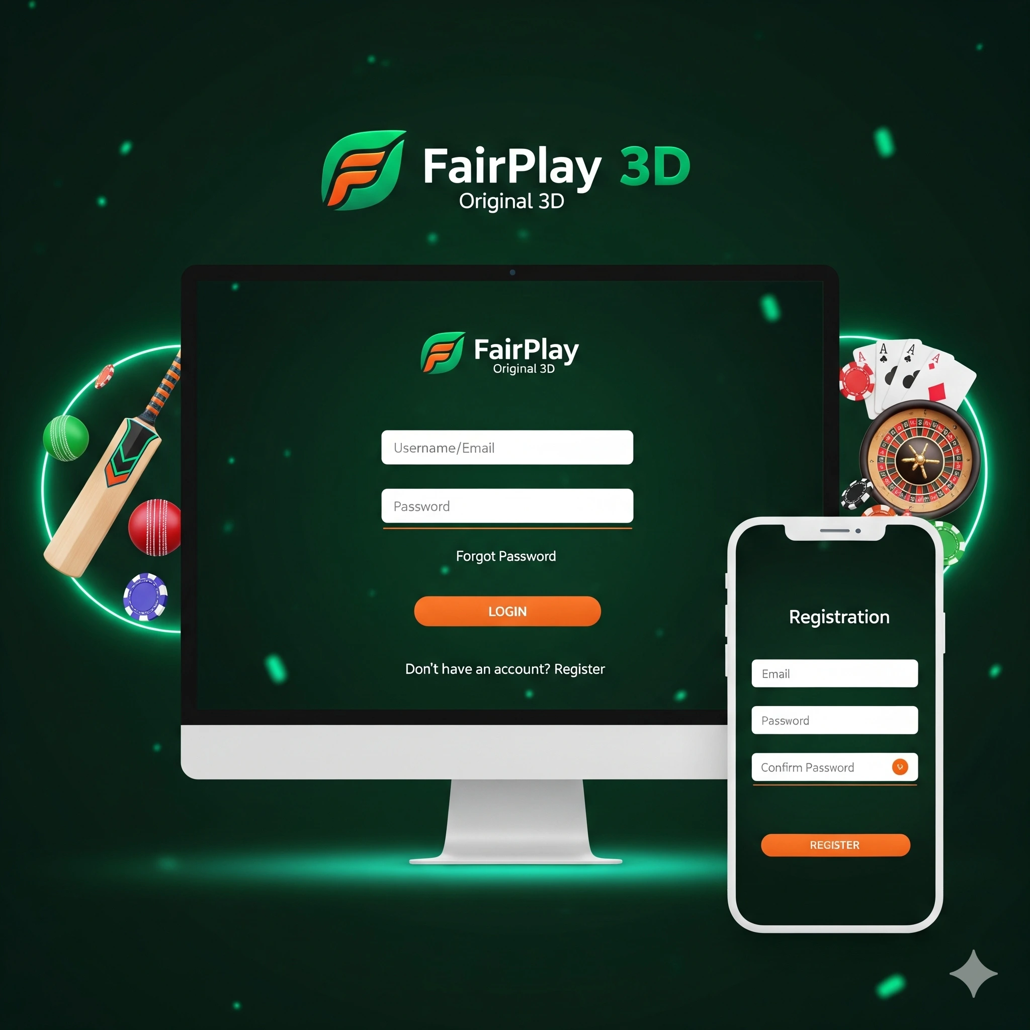 FairPlay login screen with cricket and casino icons