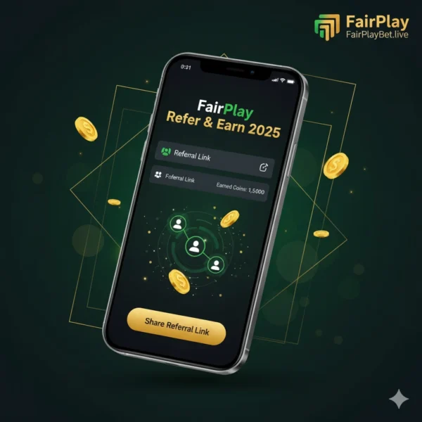 FairPlay Live App 2025 Refer & Earn screen showing referral link and lifetime commission bonuses