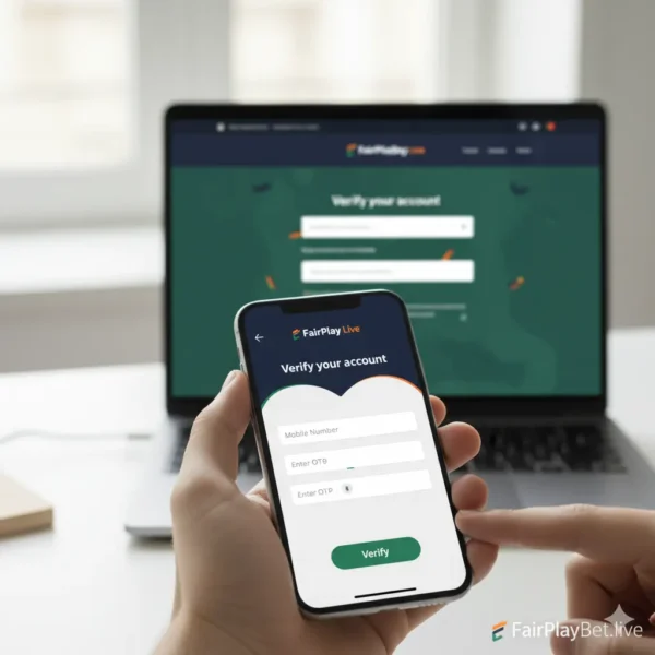 FairPlay Live login process showing OTP verification on mobile and website dashboard – secure access by FairPlayBet.live