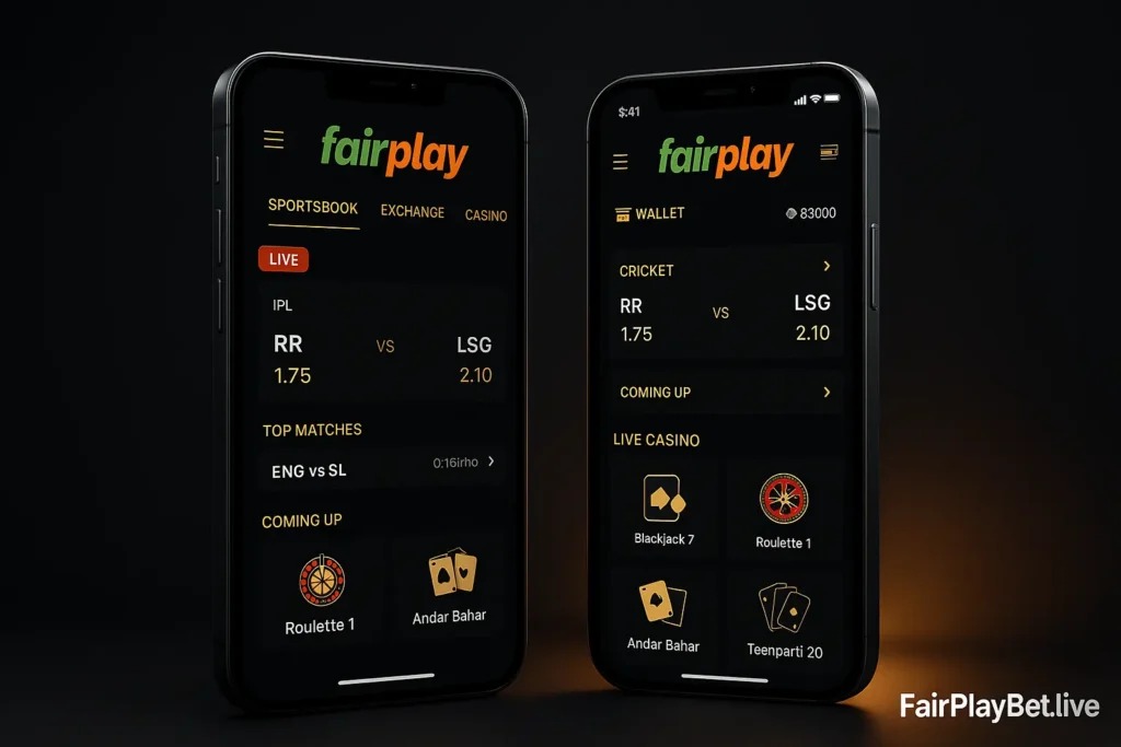 FairPlay app dashboard interface 2025 showing betting options