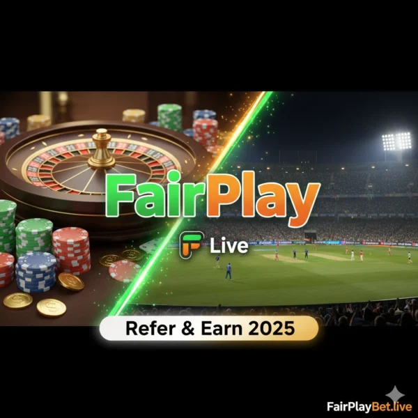 FairPlay Logo in Green and Saffron with Casino Chips and Cricket Stadium Background – FairPlay Refer and Earn 2025 Banner
