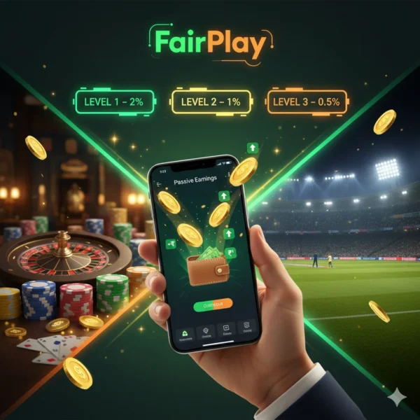 FairPlay Refer and Earn 2025 commission structure showing Level 1, Level 2, and Level 3 referral rewards with glowing wallet credits.