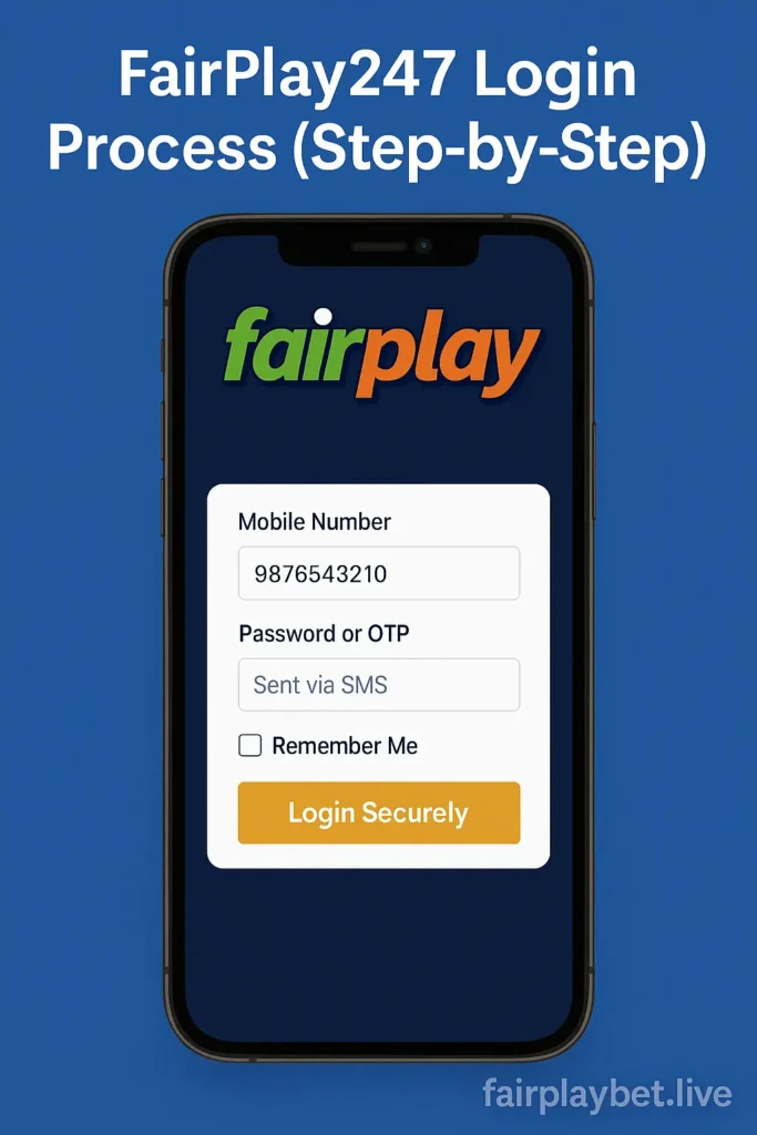 FairPlay247 app login 2025 screen showing mobile number and OTP fields on official fairplaybet.live