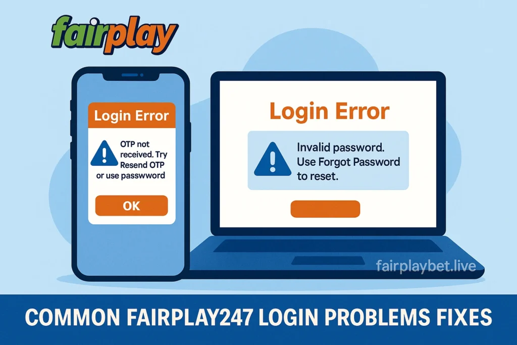FairPlay247 login problems and fixes 2025 illustration showing OTP and password errors on smartphone and laptop