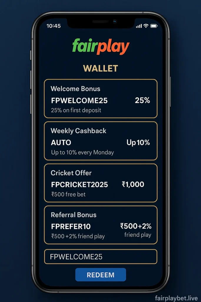 FairPlay247 Wallet Bonus Screen 2025 showing promo codes and bonus activation