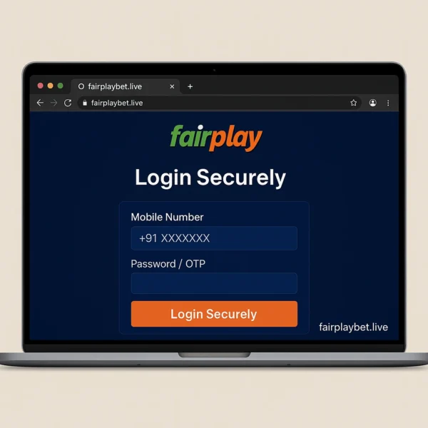 FairPlay247 web login 2025 on laptop showing mobile number and OTP fields with Login Securely button on fairplaybet.live
