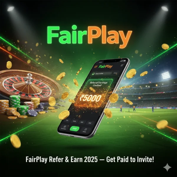 FairPlay Refer and Earn 2025 poster featuring FairPlay logo in green and saffron with casino lights, cricket stadium background, and wallet showing referral earnings credited.