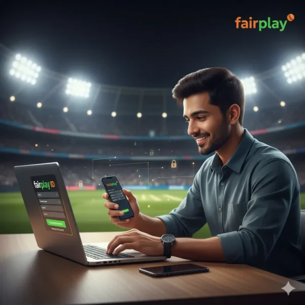 User creating Fairplay Cricket ID on laptop and phone to start online cricket betting in 2025