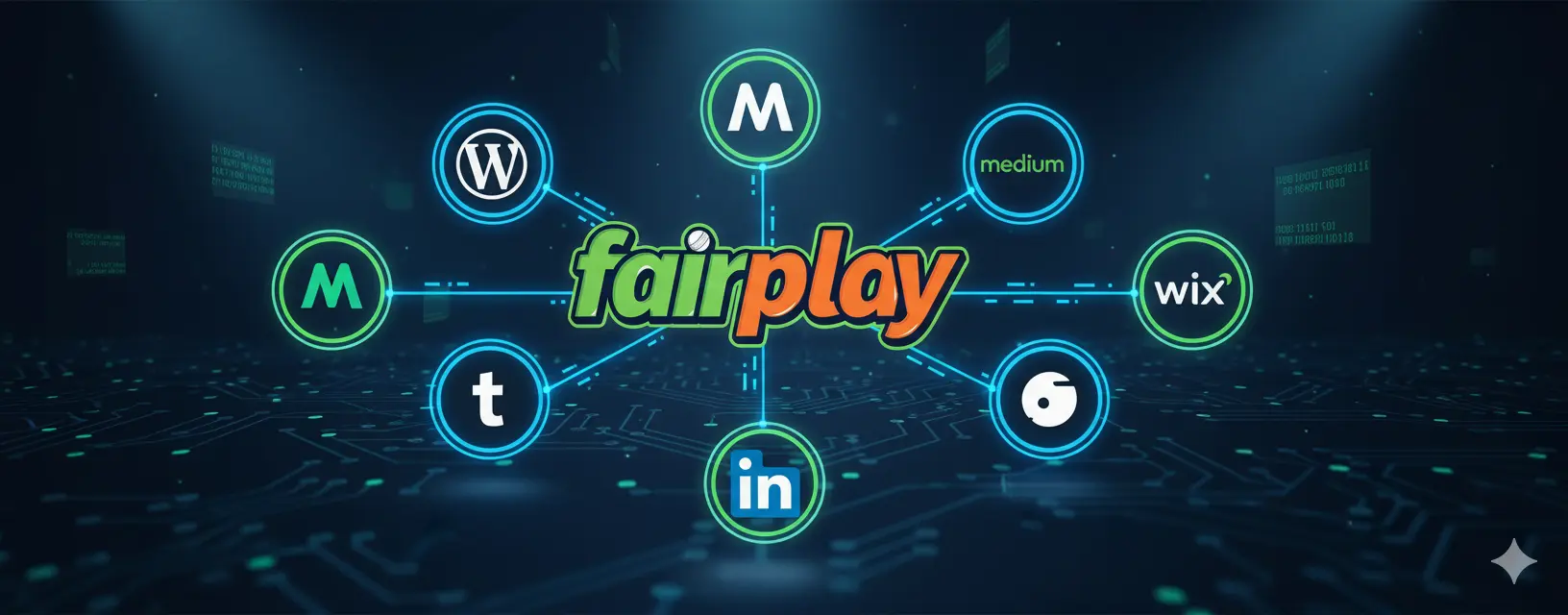 FairPlay logo connected with digital backlinks across web platforms like WordPress, Medium, and LinkedIn