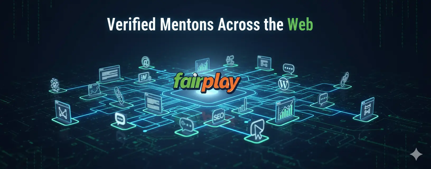 3D digital illustration showing FairPlay logo at the center of a global backlink and website mention network