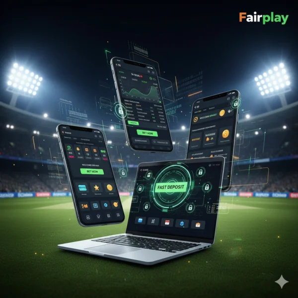 Fairplay Cricket ID features showing live cricket odds, secure payments, and mobile betting dashboard in 2025
