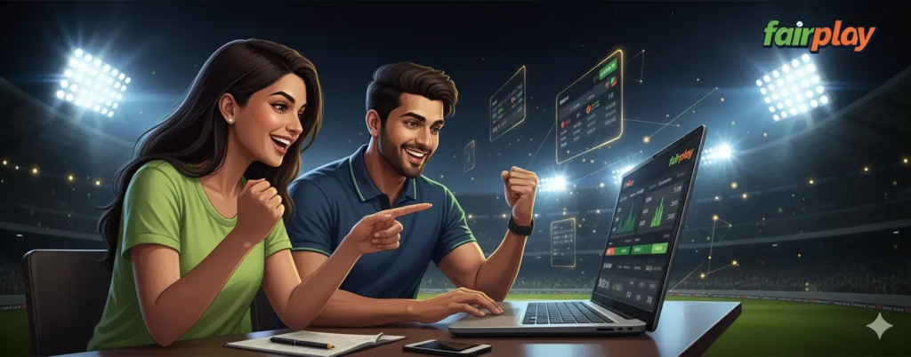 Two young cricket fans watching a live cricket match using Fairplay Cricket ID dashboard showing real-time odds and Fairplay logo