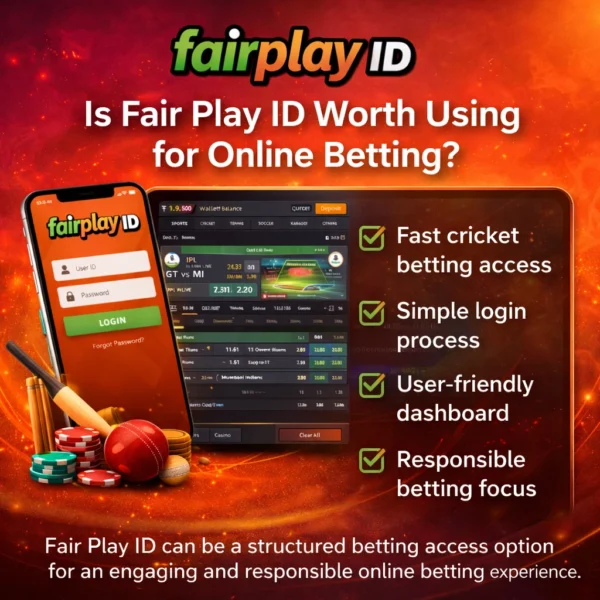 Fair Play ID online betting platform image showing login screen, cricket betting dashboard, and key benefits