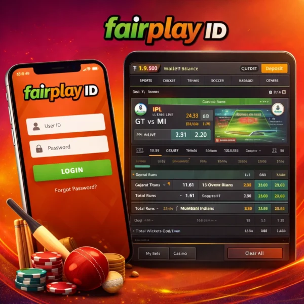 Fair Play ID login screen and online betting dashboard showing live cricket betting interface