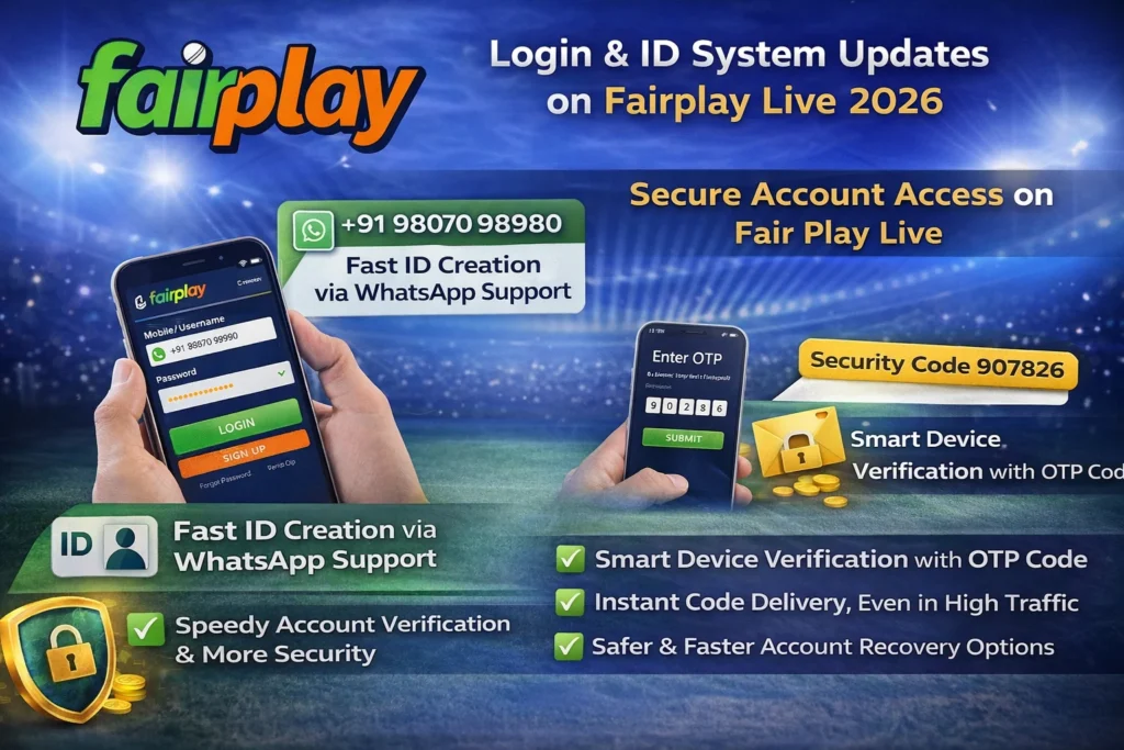 Fairplay Live login image showing fast ID creation, WhatsApp support and OTP-based secure account access in 2026