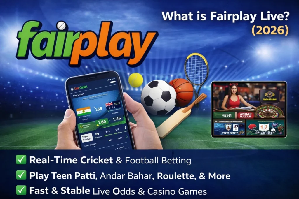 Fairplay Live image showing live cricket betting, football markets and casino games on mobile and desktop in 2026