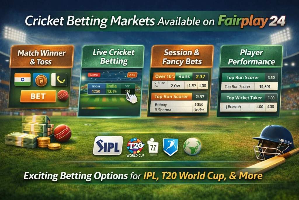 Cricket betting markets available on Fairplay 24 including live betting and session bets