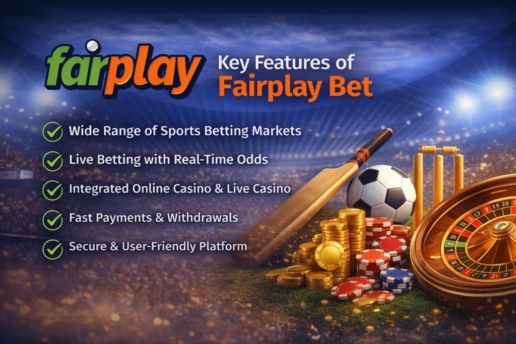 Key features of Fairplay Bet showing sports betting markets, live betting odds, online casino, fast payments, and secure platform.