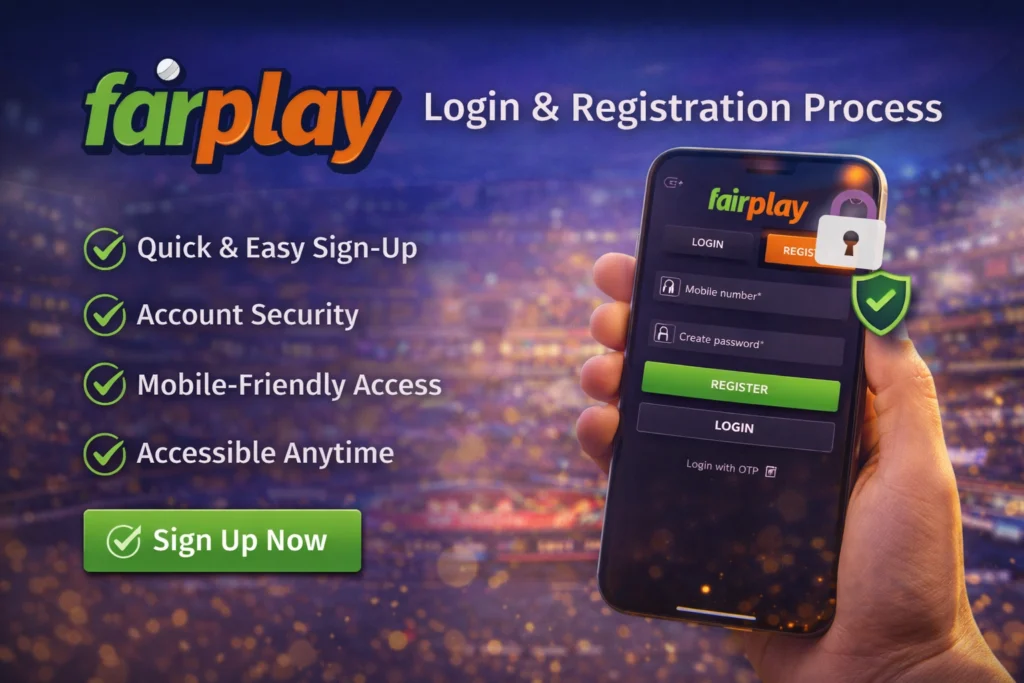 Fairplay Bet login and registration process showing quick sign up, secure account access, and mobile-friendly login interface.