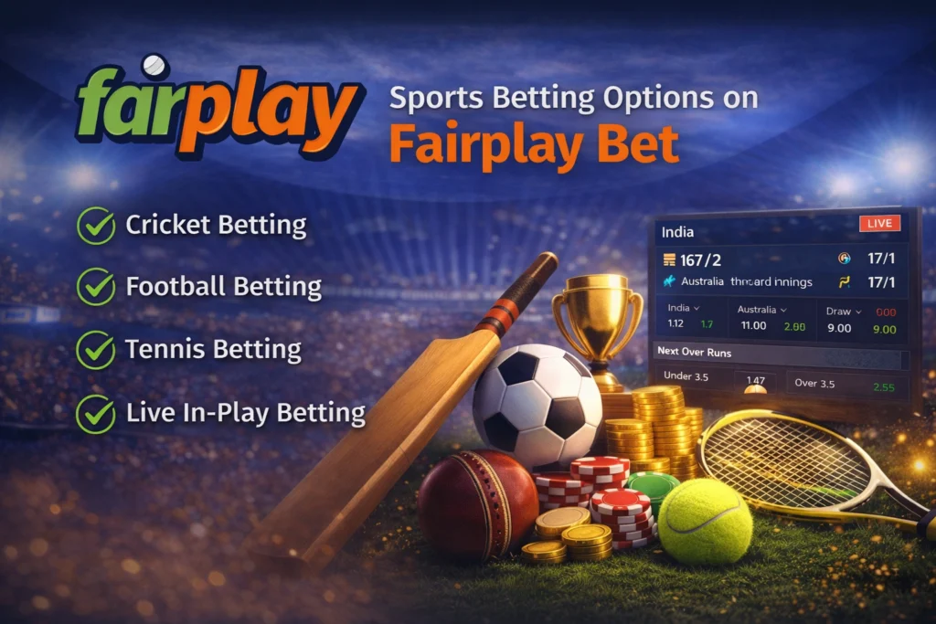 Sports betting options on Fairplay Bet showing cricket betting, football betting, tennis betting, and live in-play betting markets.