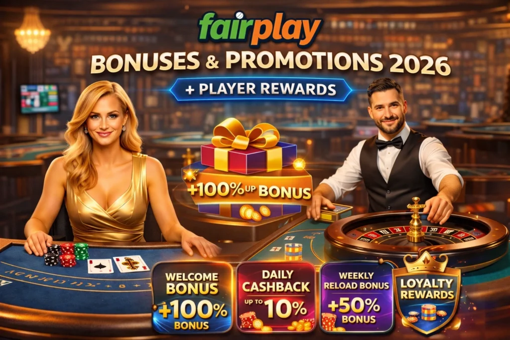FairPlay Live Casino 2026 bonuses and promotions featuring welcome bonus, cashback offers, loyalty rewards, and live casino gameplay