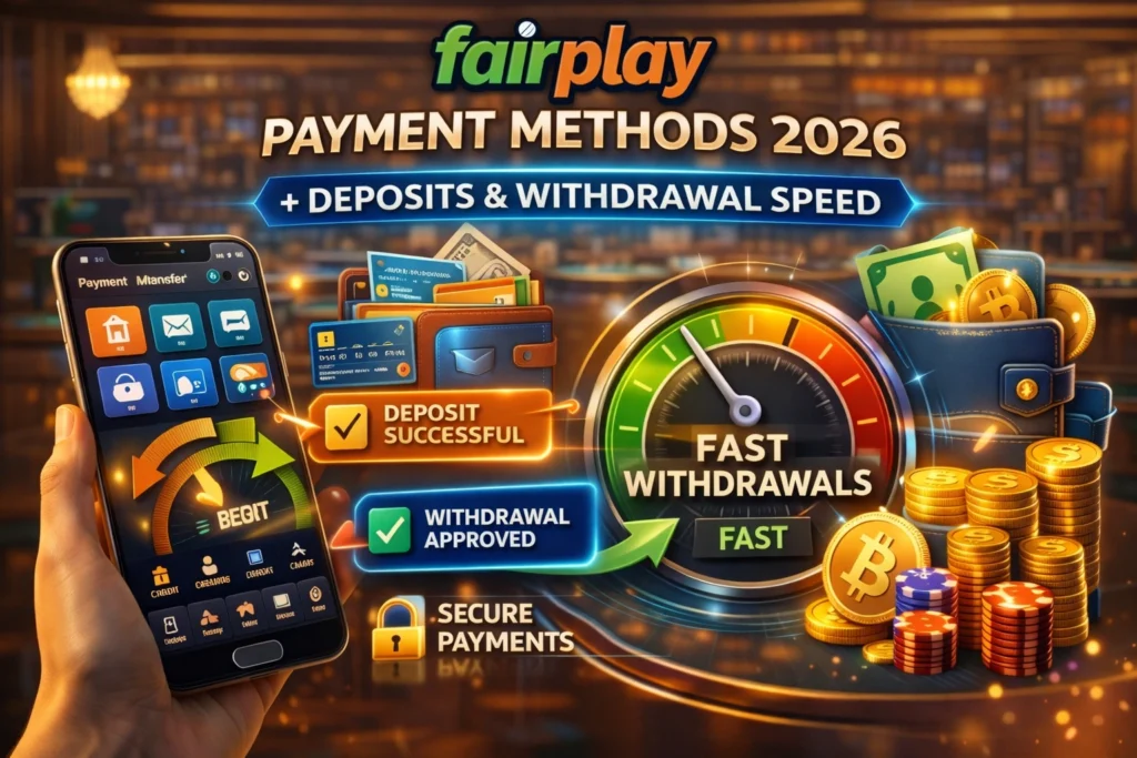 FairPlay Live Casino 2026 payment methods showing fast withdrawals, secure deposits, mobile payments, and quick transaction processing