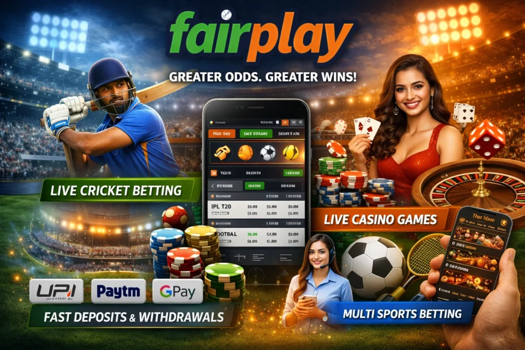 Fair Play Online platform showing live cricket betting, casino games, fast deposits and multi sports betting