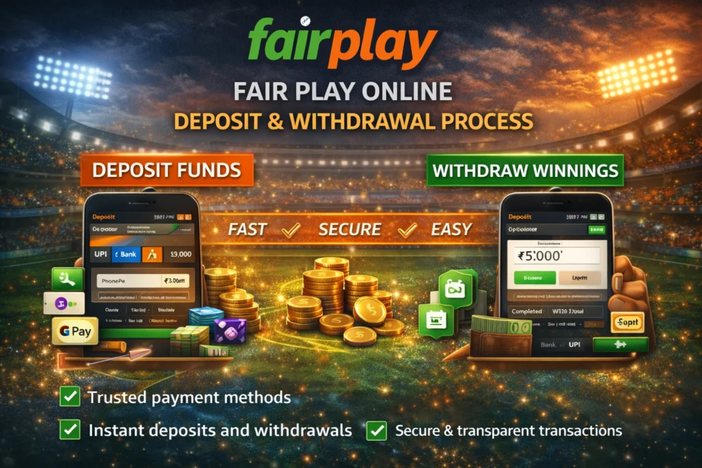 Fair Play Online deposit and withdrawal process showing fast payments, secure transactions, and instant withdrawals