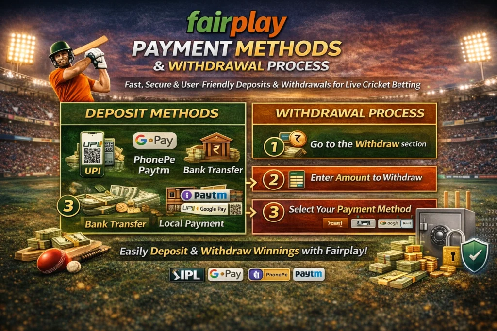Fairplay payment methods and withdrawal process showing UPI, Google Pay, PhonePe, Paytm, bank transfer, and secure withdrawals for live cricket betting