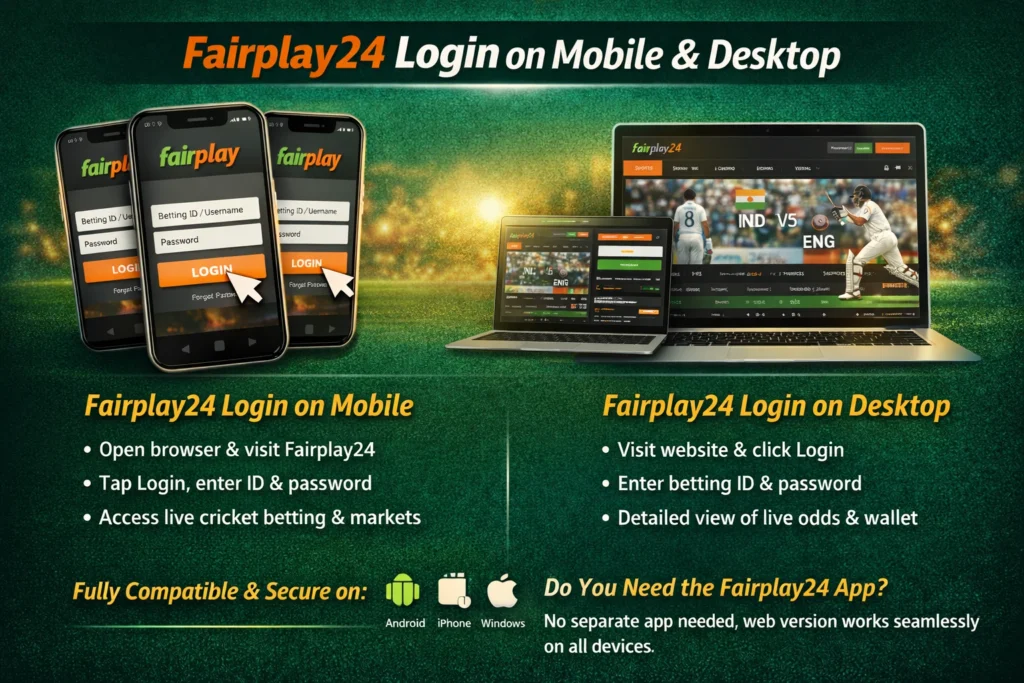 Fairplay24 login on mobile and desktop showing secure access to cricket betting and sports markets
