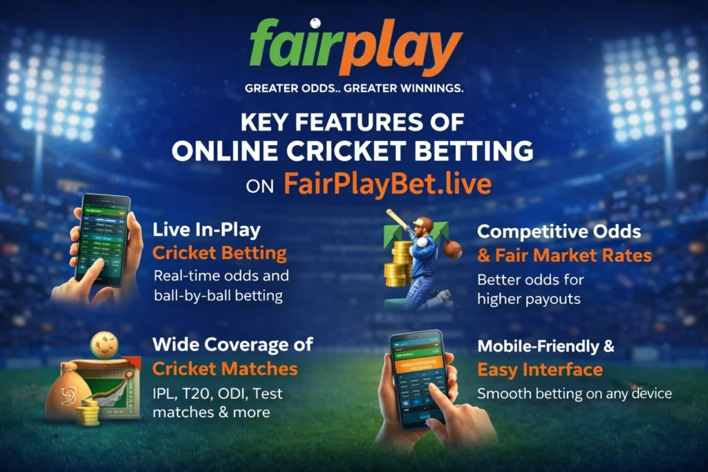 Key features of online cricket betting on FairPlayBet.live including live in-play betting, competitive odds, and mobile-friendly interface