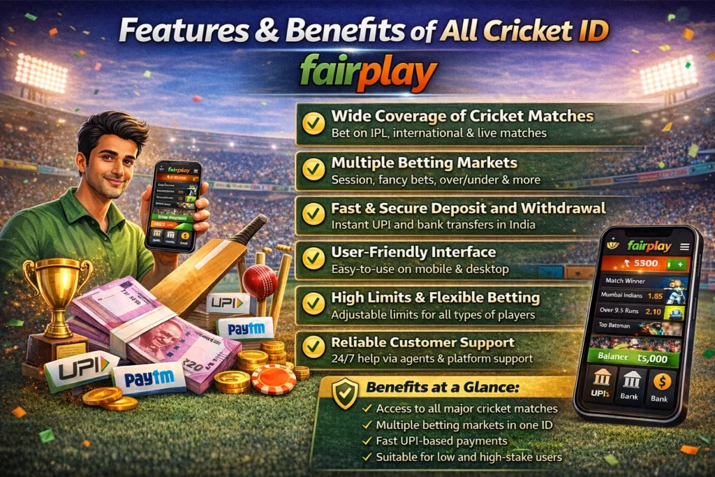 Features and benefits of all cricket ID on Fairplay including IPL betting, fast UPI payments and secure platform