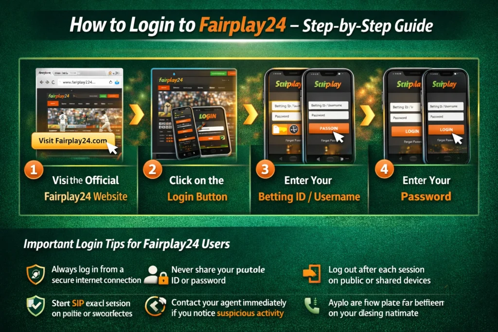 Step-by-step guide showing how to login to Fairplay24 using betting ID and password
