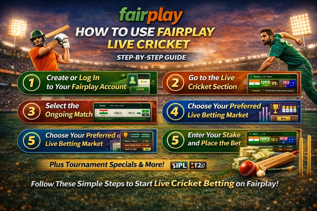 How to use Fairplay live cricket showing step-by-step process to log in, select a live match, choose betting markets, and place live bets