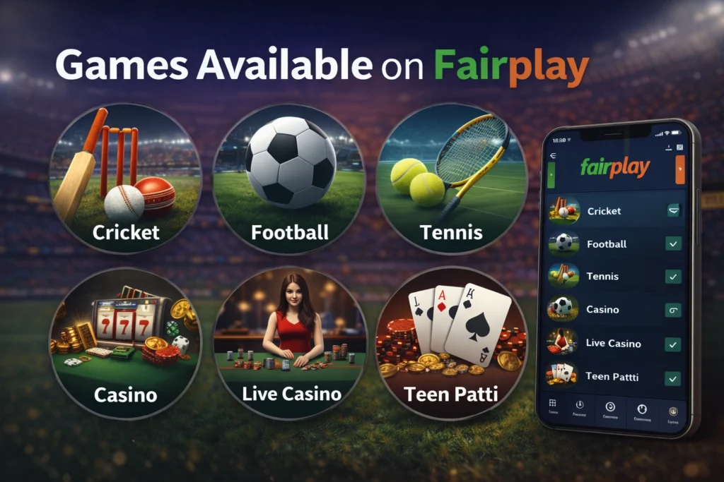 available games on Fairplay including cricket betting, casino and live games