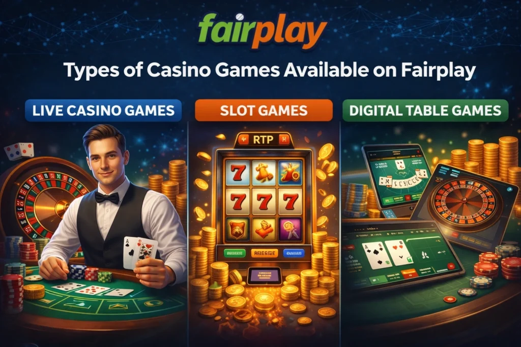 Types of casino games on Fairplay including live dealer blackjack, slot machine, and digital table games