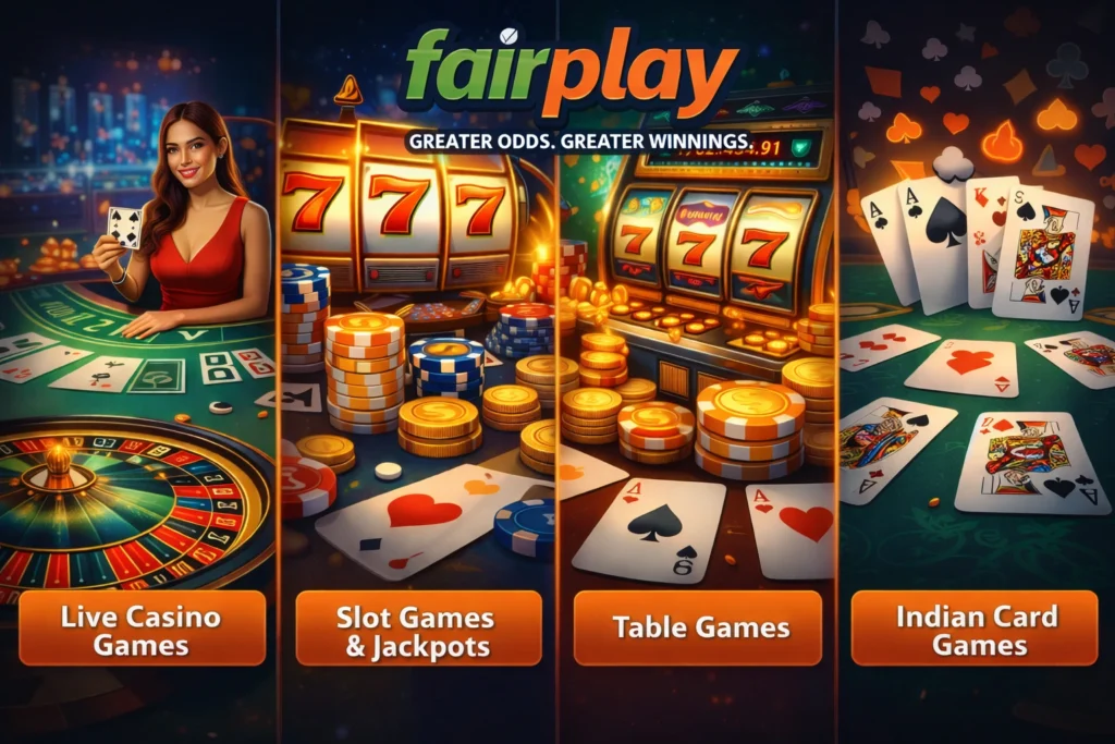 Fairplay casino games including live casino, slot games, table games, and Indian card games