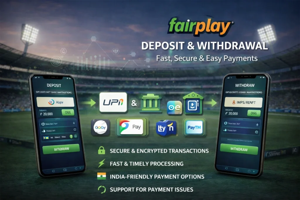 Fairplay deposit and withdrawal process showing UPI, bank transfer, and secure online betting payment options in India
