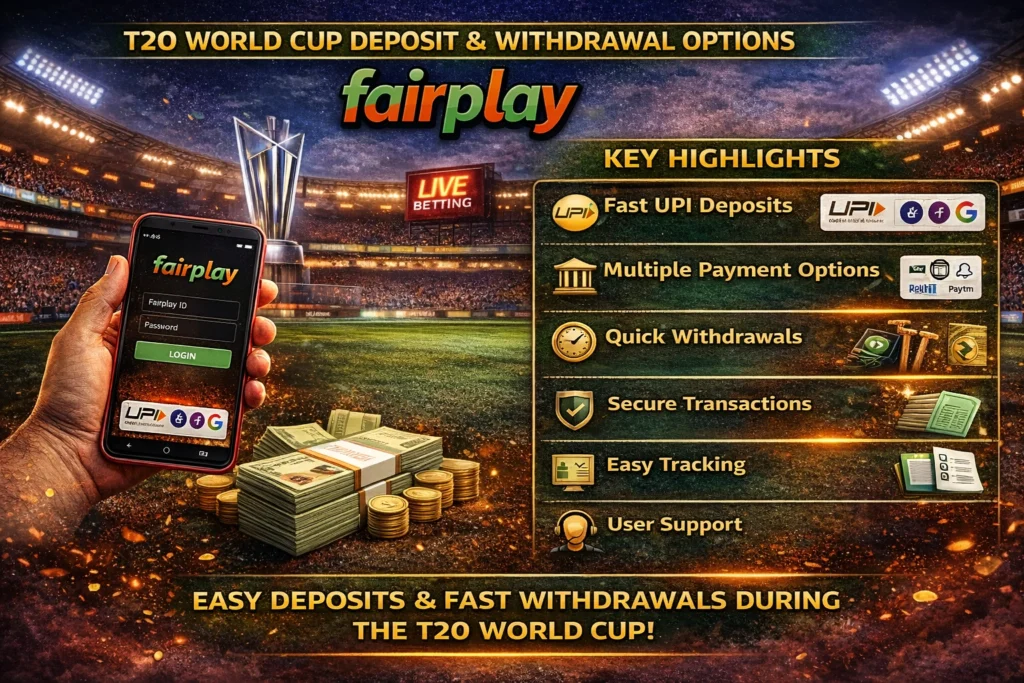 Fairplay deposit and withdrawal options for T20 World Cup betting with fast UPI deposits and quick payouts