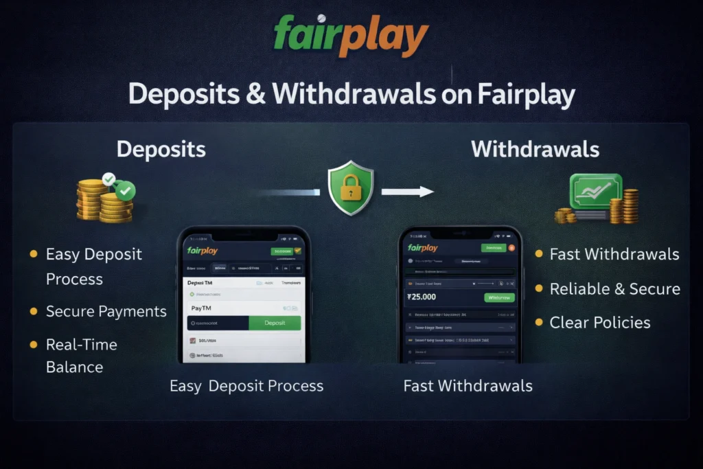 Deposits and withdrawals on Fairplay showing secure payments, easy deposits, and fast withdrawal process