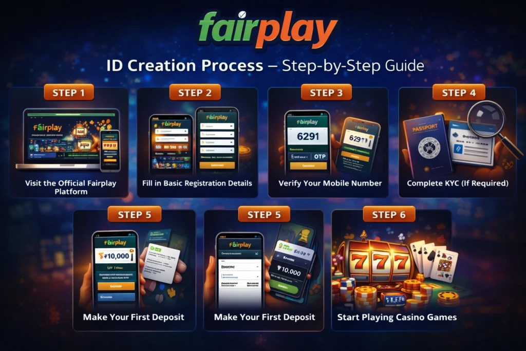Fairplay ID creation process showing registration, verification, KYC, and first deposit steps