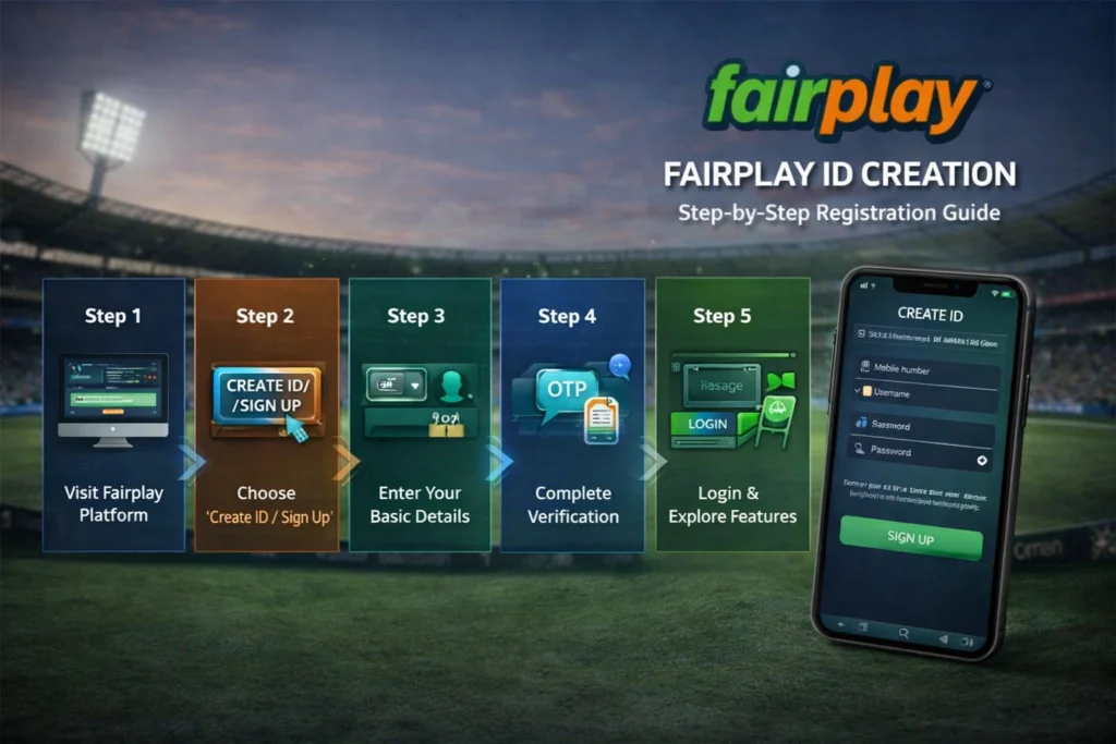 Fairplay ID creation process showing step-by-step registration, OTP verification, and secure login for online cricket betting