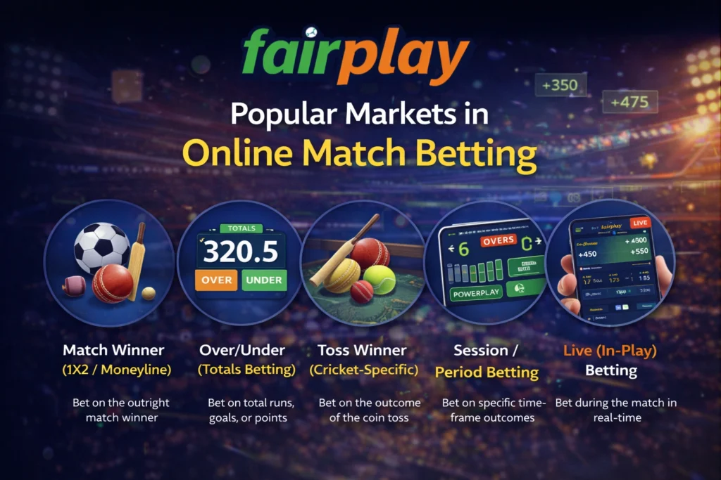 Popular markets in online match betting including match winner, over under, toss winner and live betting