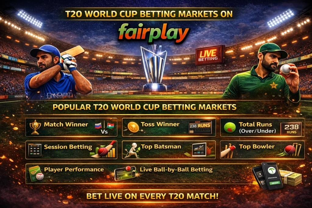 T20 World Cup betting markets on Fairplay including match winner, live betting, session bets, and player performance options