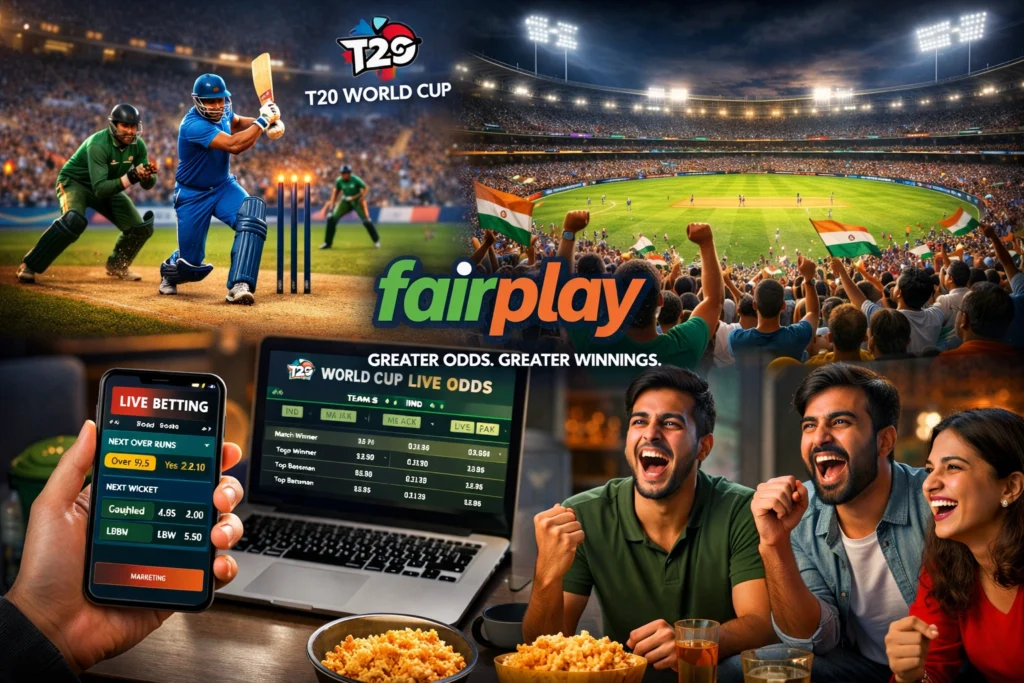 T20 World Cup online cricket betting on Fairplay with live odds, match action, and Indian fans enjoying real-time betting