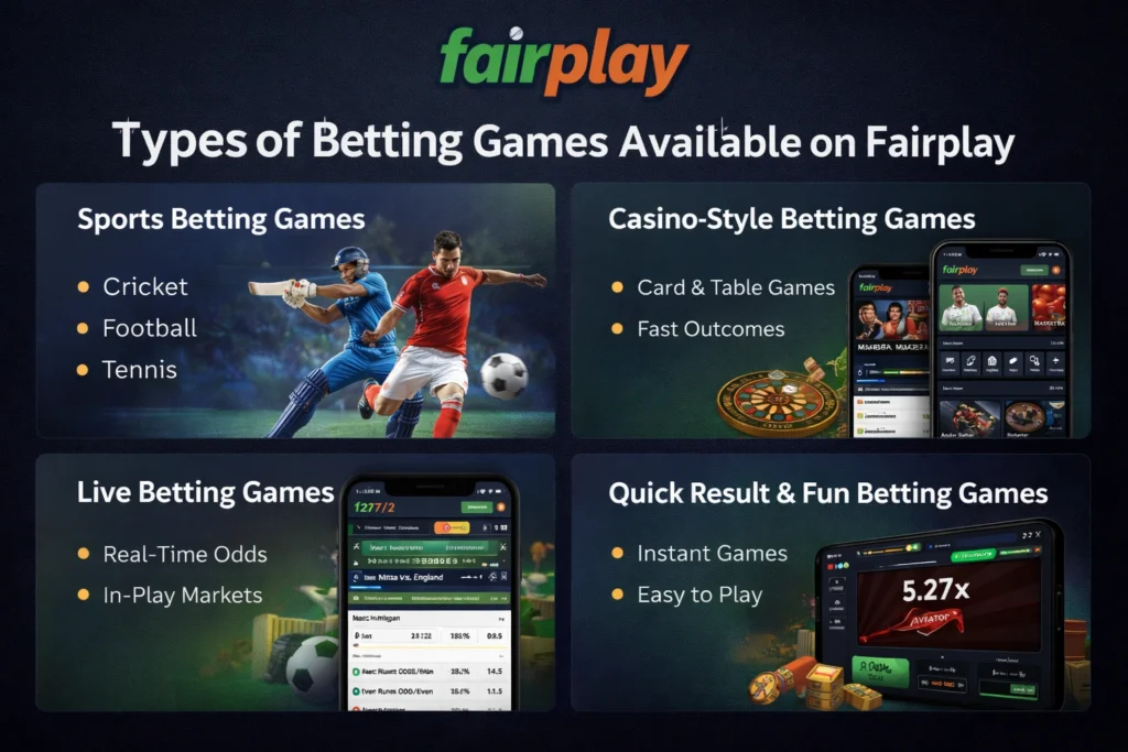 Types of betting games on Fairplay including sports betting, live betting, and casino-style online games