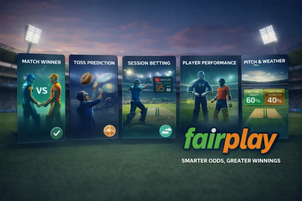 Types of free cricket tips on Fairplay including match winner, toss prediction, session betting, player performance, and pitch weather analysis